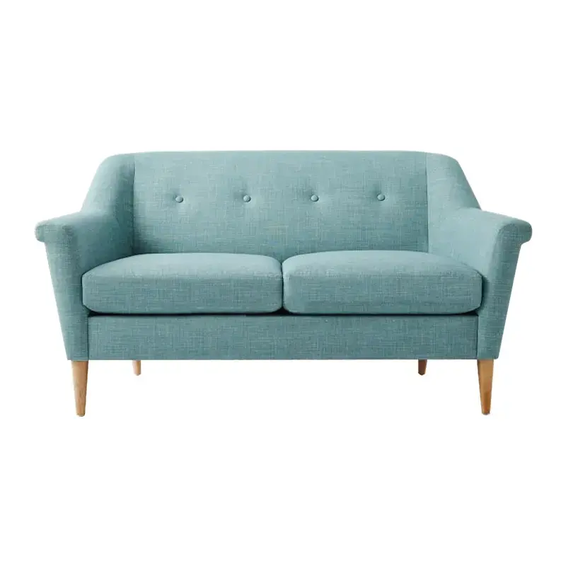 blue two-seater sofa with tufted back cushions and tapered wooden legs.