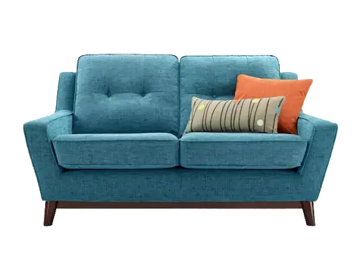 blue two-seater sofa with tufted back cushions and tapered wooden legs.