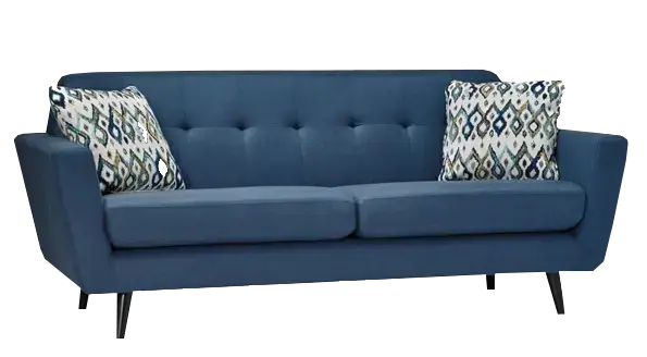 blue two-seater sofa with tufted back cushions and tapered wooden legs.