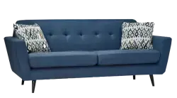blue two-seater sofa with tufted back cushions and tapered wooden legs.