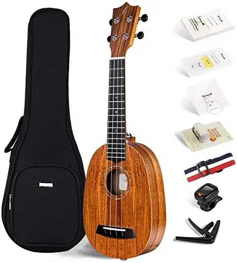 Enya Pineapple Soprano Ukulele, which is a beginners kit. It is a 21-inch ukulele made from HPL Koa material and comes with various accessories.