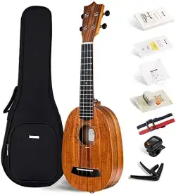 Enya Pineapple Soprano Ukulele, which is a beginners kit. It is a 21-inch ukulele made from HPL Koa material and comes with various accessories.