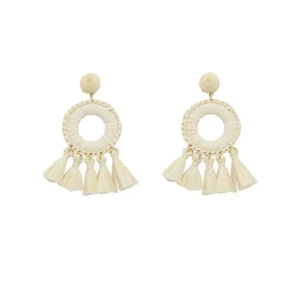 a pair of woven rattan straw wicker bohemian tassel earrings.