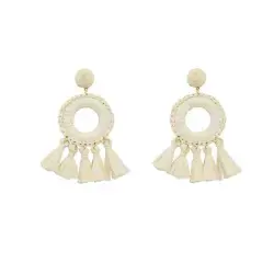 a pair of woven rattan straw wicker bohemian tassel earrings.