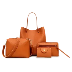 four-piece set of brown faux leather handbags, including a tote, a shoulder bag, a clutch, and a card holder.