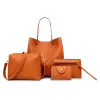 four-piece set of brown faux leather handbags, including a tote, a shoulder bag, a clutch, and a card holder.