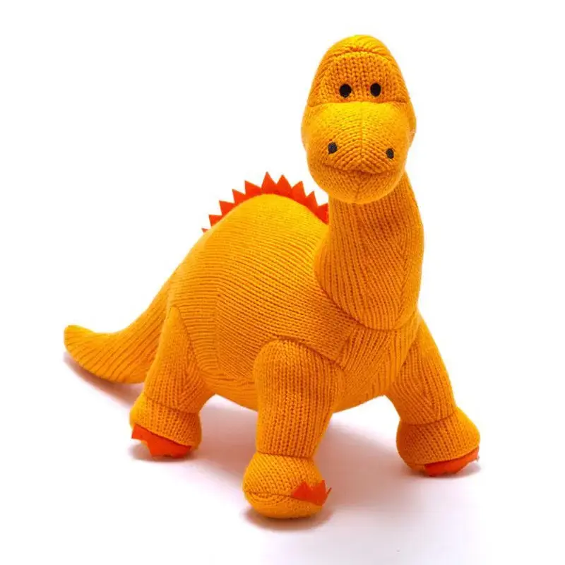 knitted Diplodocus dinosaur rattle.  It is made by Best Years Ltd. The toy is made from 100% ethically sourced acrylic. It is suitable from birth. The rattle is approximately 36cm high and 40cm long.