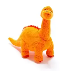 knitted Diplodocus dinosaur rattle.  It is made by Best Years Ltd. The toy is made from 100% ethically sourced acrylic. It is suitable from birth. The rattle is approximately 36cm high and 40cm long.