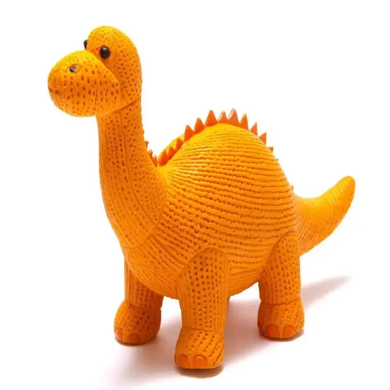 knitted Diplodocus dinosaur rattle.  It is made by Best Years Ltd. The toy is made from 100% ethically sourced acrylic. It is suitable from birth. The rattle is approximately 36cm high and 40cm long.